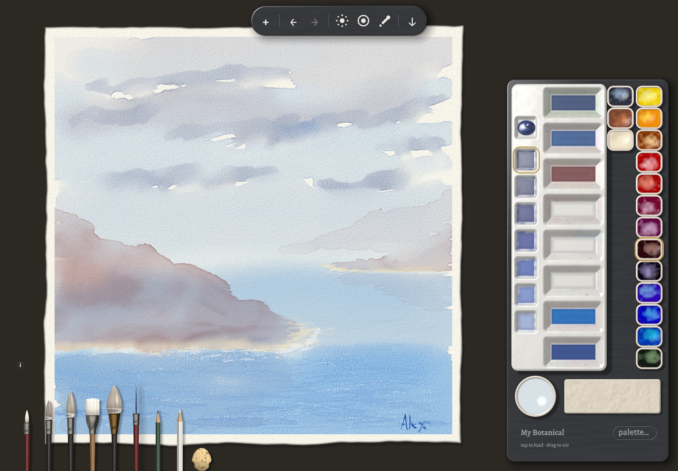 Puddle on iPad: a watercolor painting on paper, with brushes, ceramic mixing wells, paint pans, a water jar and a towel beside it.